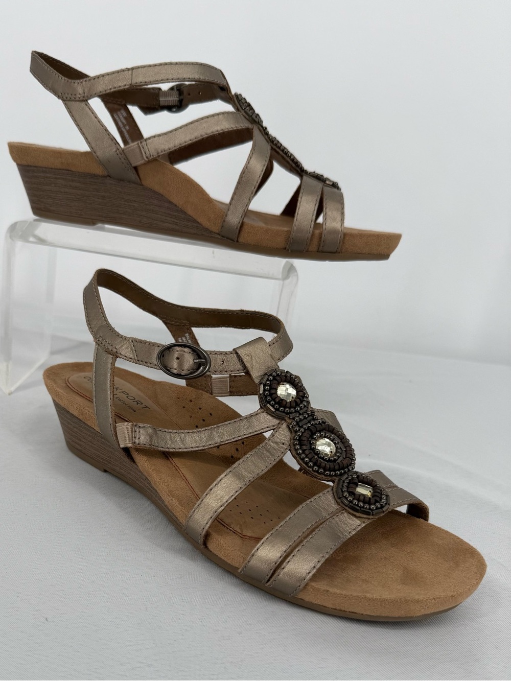 NEW Rockport Cobb Hill Comfortable Women's Metallic Taupe Wedge Sandals Size 9 W